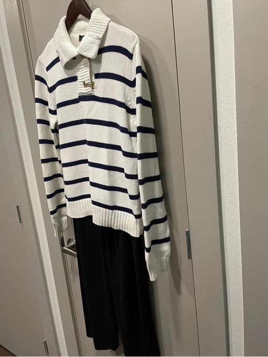 Ralph Lauren Sweaters - Ralph Lauren White & Navy Striped Polo-Collar Sweater